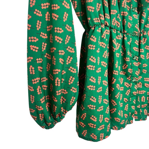 Vintage Berry Print Emerald Green Orange Brown Button Blouse with Bow Size M - Picture 2 of 4